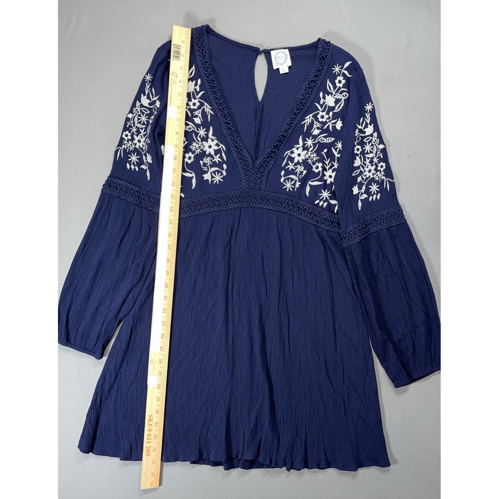 BLUE RAIN Womens‎ V-Neck Long Sleeve Boho Floral Navy Blue Mini Dress Large - Picture 12 of 13